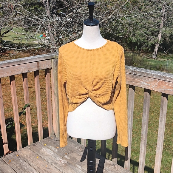Earthbound Mustard Yellow Waffle Knit Twist Front Cropped Top, Size XL - Picture 1 of 3